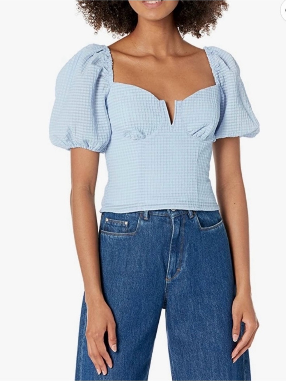 ASTR the Label Light Blue Puff-Sleeve Sweetheart Top